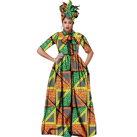 Vibrant Ankara Maxi Dress with Headwrap – African Elegance W250210