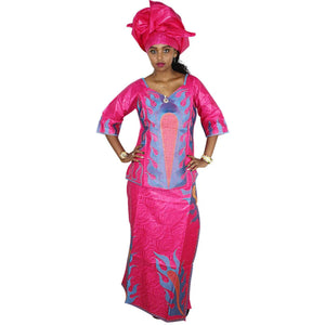 Embroidered Bazin Riche African Dress with Matching Scarf W250145