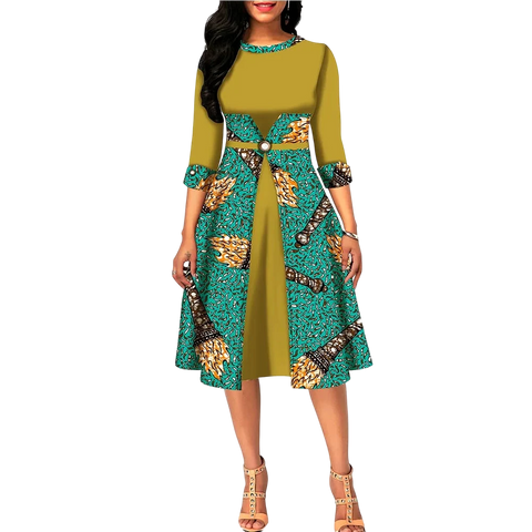 Ankara Print O-Neck Floral Dress – Half Sleeve African A-Line W250131