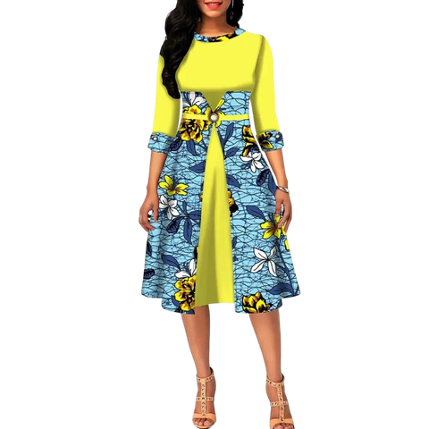Ankara Print O-Neck Floral Dress – Half Sleeve African A-Line W250131