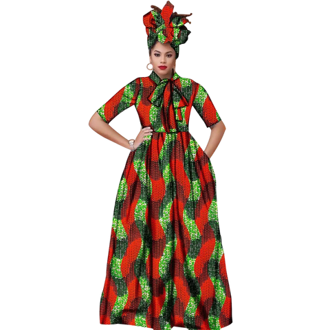 Vibrant Ankara Maxi Dress with Headwrap – African Elegance W250210
