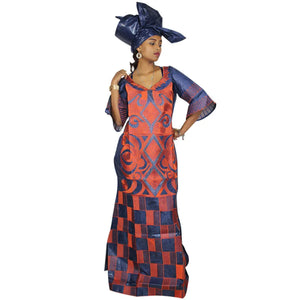 Elegant African Bazin Riche Embroidered Long Dress with Scarf W250141