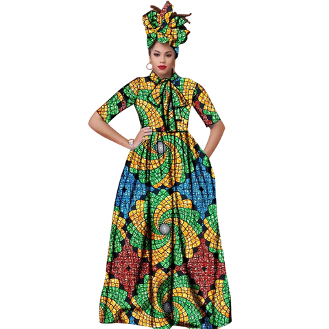 Vibrant Ankara Maxi Dress with Headwrap – African Elegance W250210