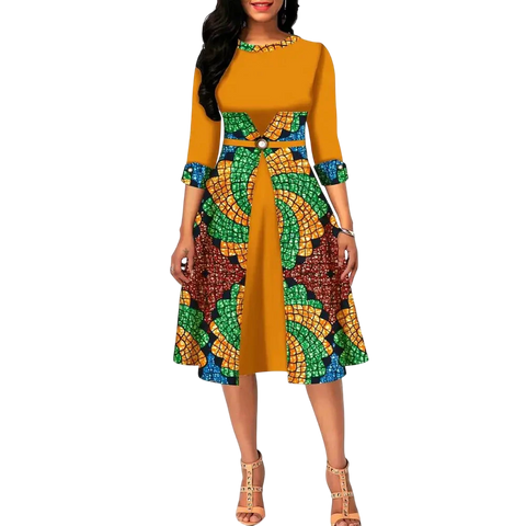 Ankara Print O-Neck Floral Dress – Half Sleeve African A-Line W250131