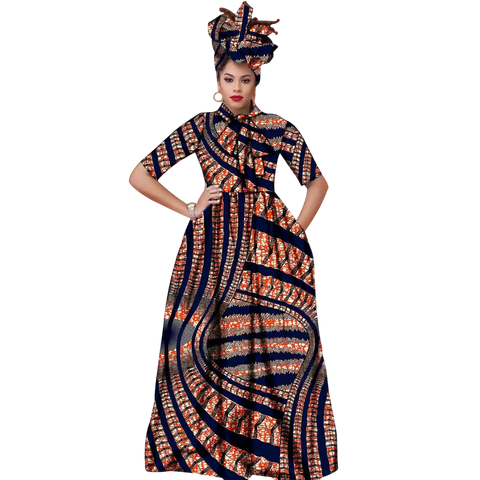 Vibrant Ankara Maxi Dress with Headwrap – African Elegance W250210