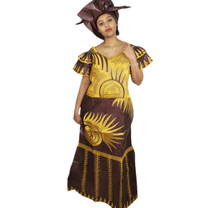 Elegant African Embroidered Bazin Dress with Matching Scarf W250147