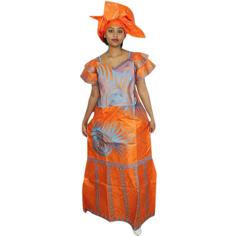 Elegant African Embroidered Bazin Dress with Matching Scarf W250147