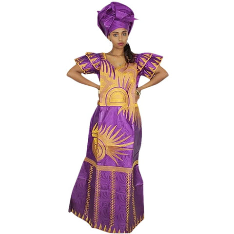 Elegant African Embroidered Bazin Dress with Matching Scarf W250147