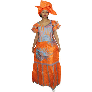 Elegant African Embroidered Bazin Dress with Matching Scarf W250147