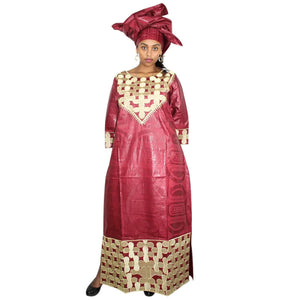 Elegant African Bazin Riche Embroidered Dashiki Maxi Dress W250148