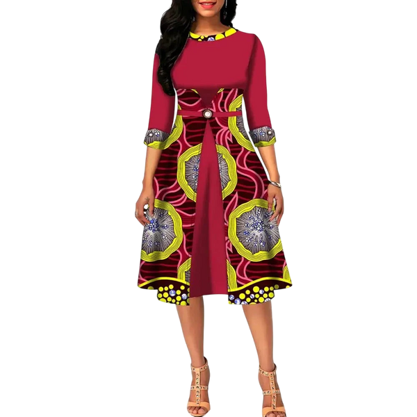 Ankara Print O-Neck Floral Dress – Half Sleeve African A-Line W250131