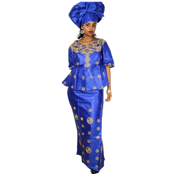 Elegant African Embroidered Dress with Matching Headscarf W250151