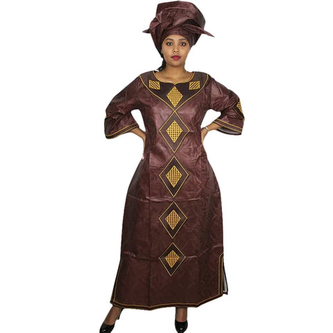 Elegant African Embroidered Bazin Dress & Matching Scarf Set W250146