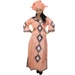 Elegant African Embroidered Bazin Dress & Matching Scarf Set W250146