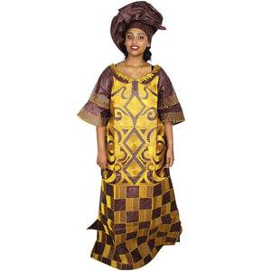 Elegant African Bazin Riche Embroidered Long Dress with Scarf W250141