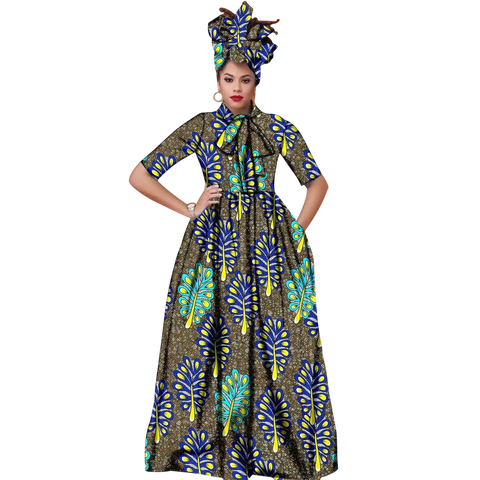 Vibrant Ankara Maxi Dress with Headwrap – African Elegance W250210