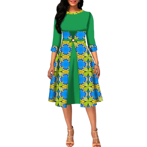 Ankara Print O-Neck Floral Dress – Half Sleeve African A-Line W250131