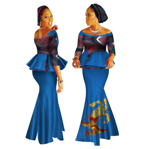 Handmade Off-Shoulder African Dashiki Print Crop Top & Skirt Set W250122