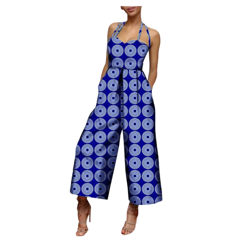 African Print Sleeveless Halter Wide Leg Cotton Jumpsuit W250197