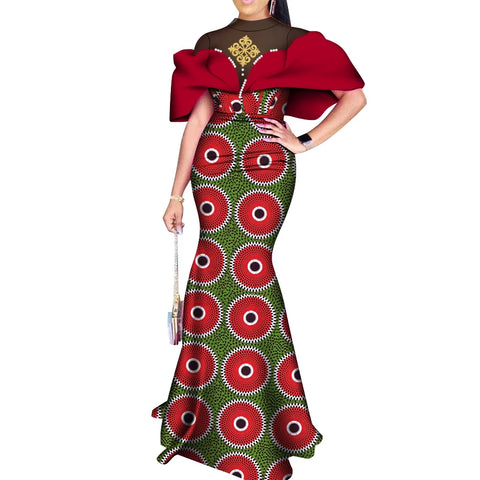 Elegant African Wax Print Evening Dress with Pearls & Appliqué W250231