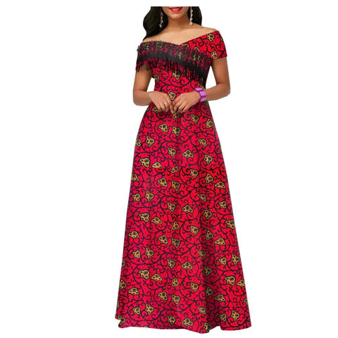 Ankara Print Cotton Maxi Dress with Tassels – Floor Length Elegance W250201