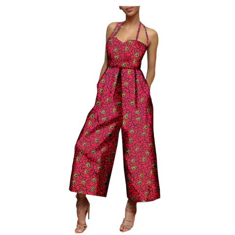 African Print Sleeveless Halter Wide Leg Cotton Jumpsuit W250197