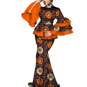 Elegant African Flare Sleeve Top & Maxi Skirt Set for Women W250125