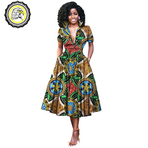 V-Neck High Waist Ankara Print Cotton Dress with Short Sleeves W250127