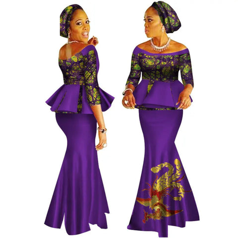 Handmade Off-Shoulder African Dashiki Print Crop Top & Skirt Set W250122