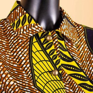 V-Neck High Waist Ankara Print Cotton Dress with Short Sleeves W250127