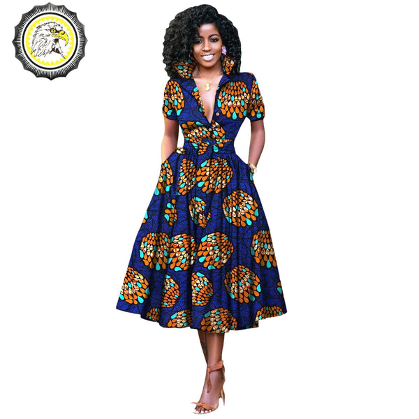 V-Neck High Waist Ankara Print Cotton Dress with Short Sleeves W250127