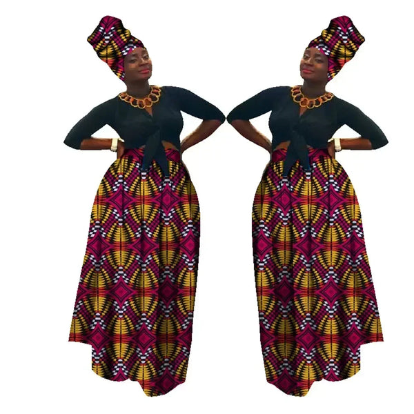 Elegant Dashiki High Waist Maxi Skirt & Headscarf Set W250167