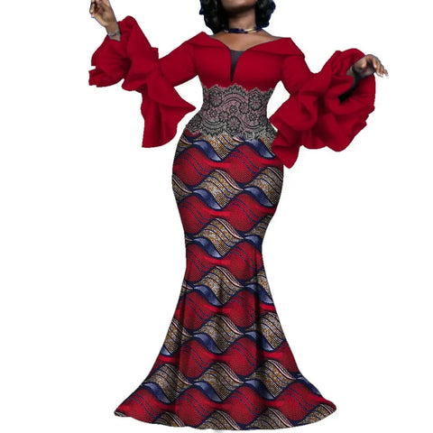 Elegant Ankara Maxi Dress with Black Lace Detail W250166