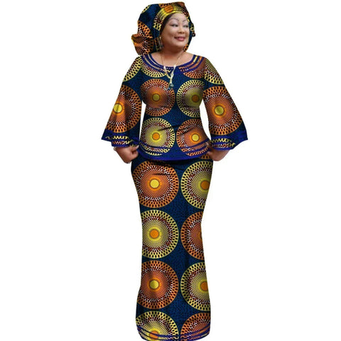 Ankara Print Long Sleeve Top & Skirt Set with Headwrap W250170