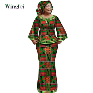 Ankara Print Long Sleeve Top & Skirt Set with Headwrap W250170