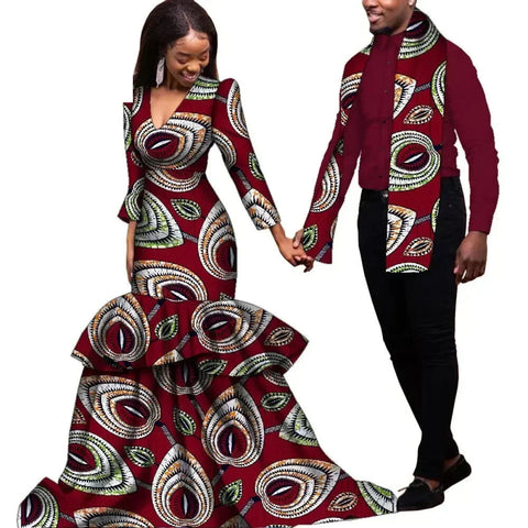 Elegant African Dashiki Print Couple Set – Dress & Shirt with Scarf C250181