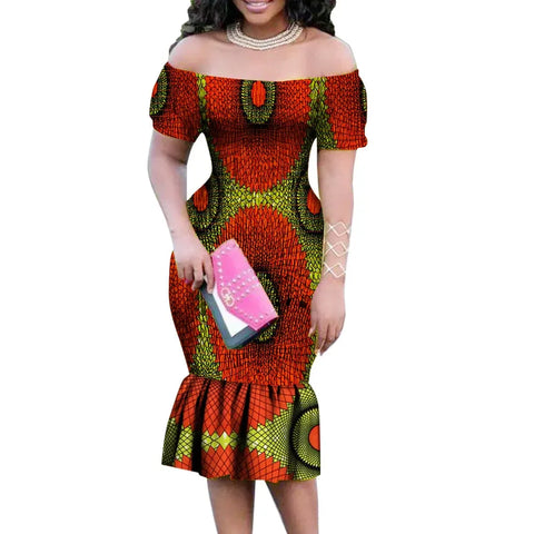 Elegant Dashiki Off-Shoulder Maxi Dress with Ruffle & Pearl Detail W250205