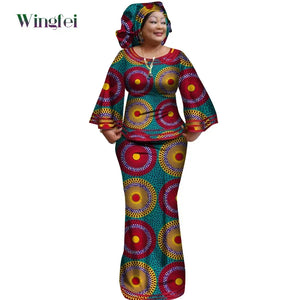 Ankara Print Long Sleeve Top & Skirt Set with Headwrap W250170
