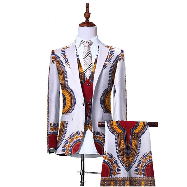 Men's 3-Piece African Print Suit – Slim Fit Blazer, Vest & Pants M250123