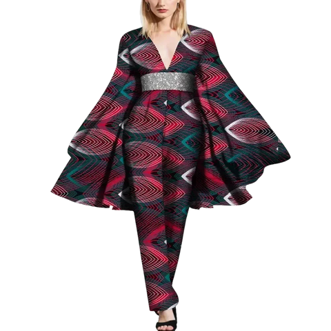 African Cape Sleeve Romper – Deep V-Neck Bazin Riche Jumpsuit W250189