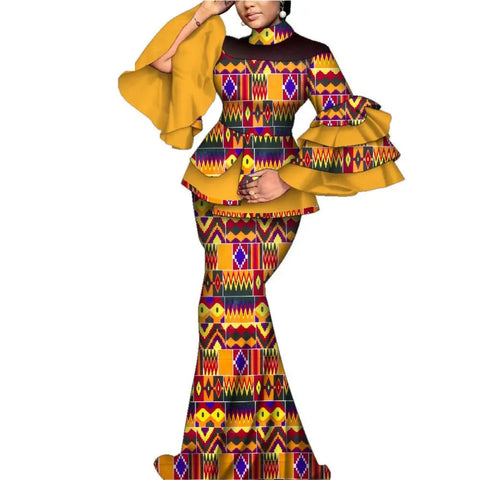Elegant African Flare Sleeve Top & Maxi Skirt Set for Women W250125