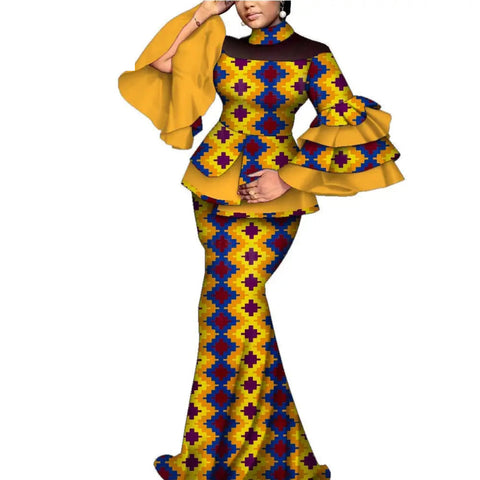 Elegant African Flare Sleeve Top & Maxi Skirt Set for Women W250125