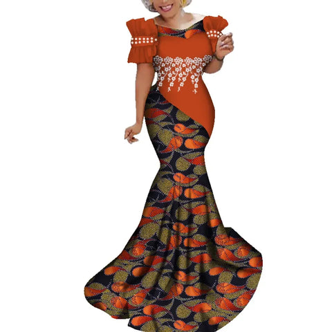 African Print Long Dress with White Pearl Lace & Floral Detailing W250229