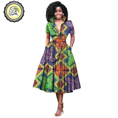 V-Neck High Waist Ankara Print Cotton Dress with Short Sleeves W250127