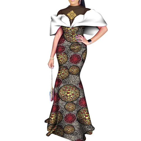 Elegant African Wax Print Evening Dress with Pearls & Appliqué W250231