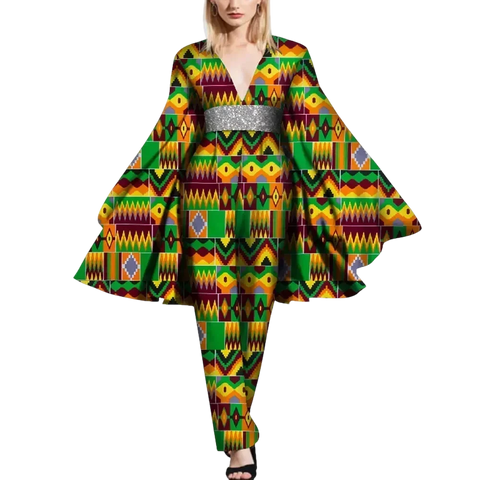 African Cape Sleeve Romper – Deep V-Neck Bazin Riche Jumpsuit W250189