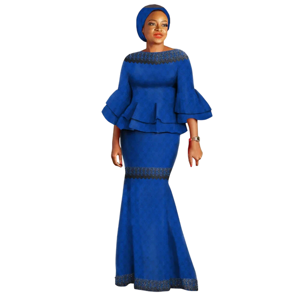 Elegant African Two-Piece Skirt Set with Flare Lace Sleeves W250113