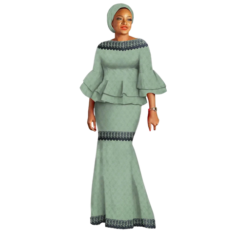 Elegant African Two-Piece Skirt Set with Flare Lace Sleeves W250113