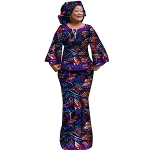 Ankara Print Long Sleeve Top & Skirt Set with Headwrap W250170