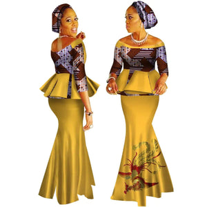 Handmade Off-Shoulder African Dashiki Print Crop Top & Skirt Set W250122